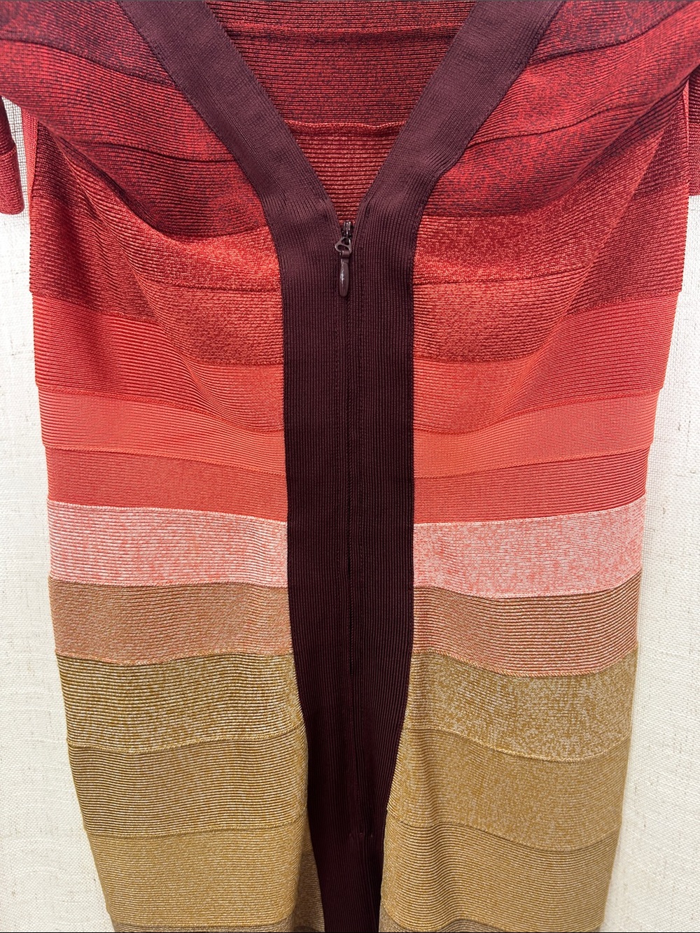 Herve Leger Signature Bandage Striped Ombre Dress in Burgundy, Coral & Tan - Picture 9 of 15